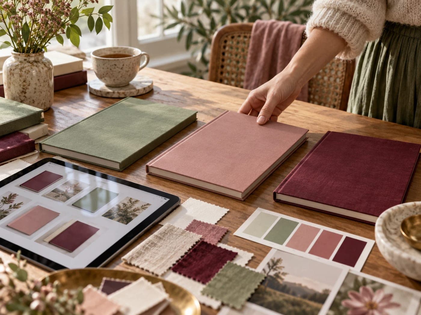 Três provas de capa de livro em verde, rosa e vinho, ao lado de amostras de tecido e de cores