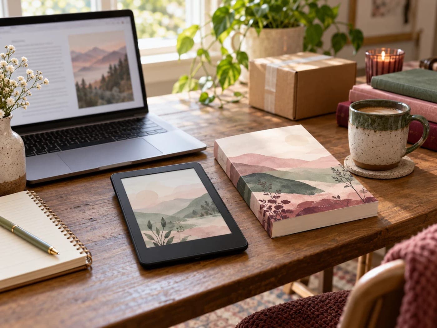 Laptop, e-reader e livro impresso lado a lado sobre a mesa, com uma caixa de envio ao fundo